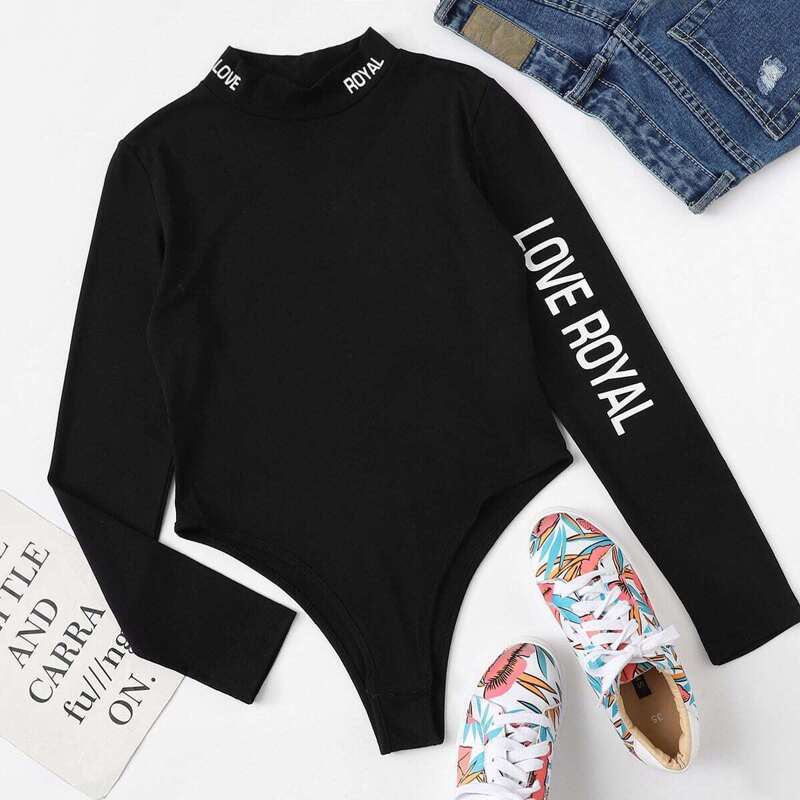 

Mock Neck Letter Print Bodysuit, Black