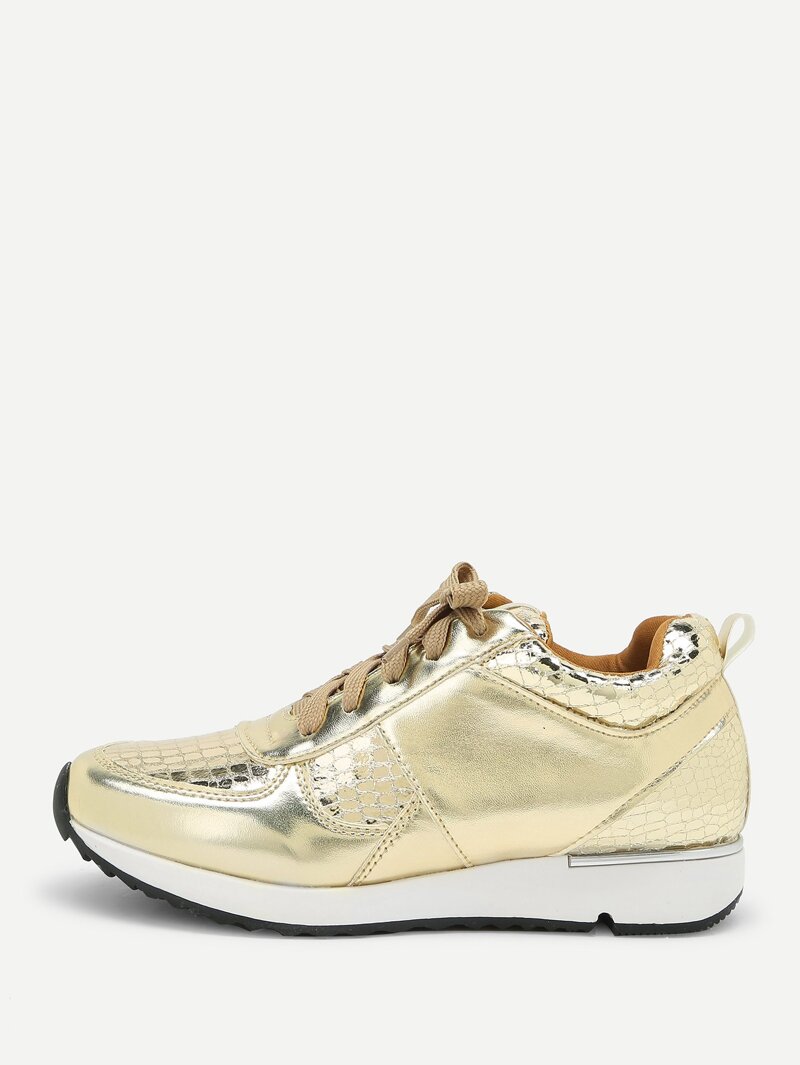 

Metallic Lace Up Low Top Sneakers, Gold