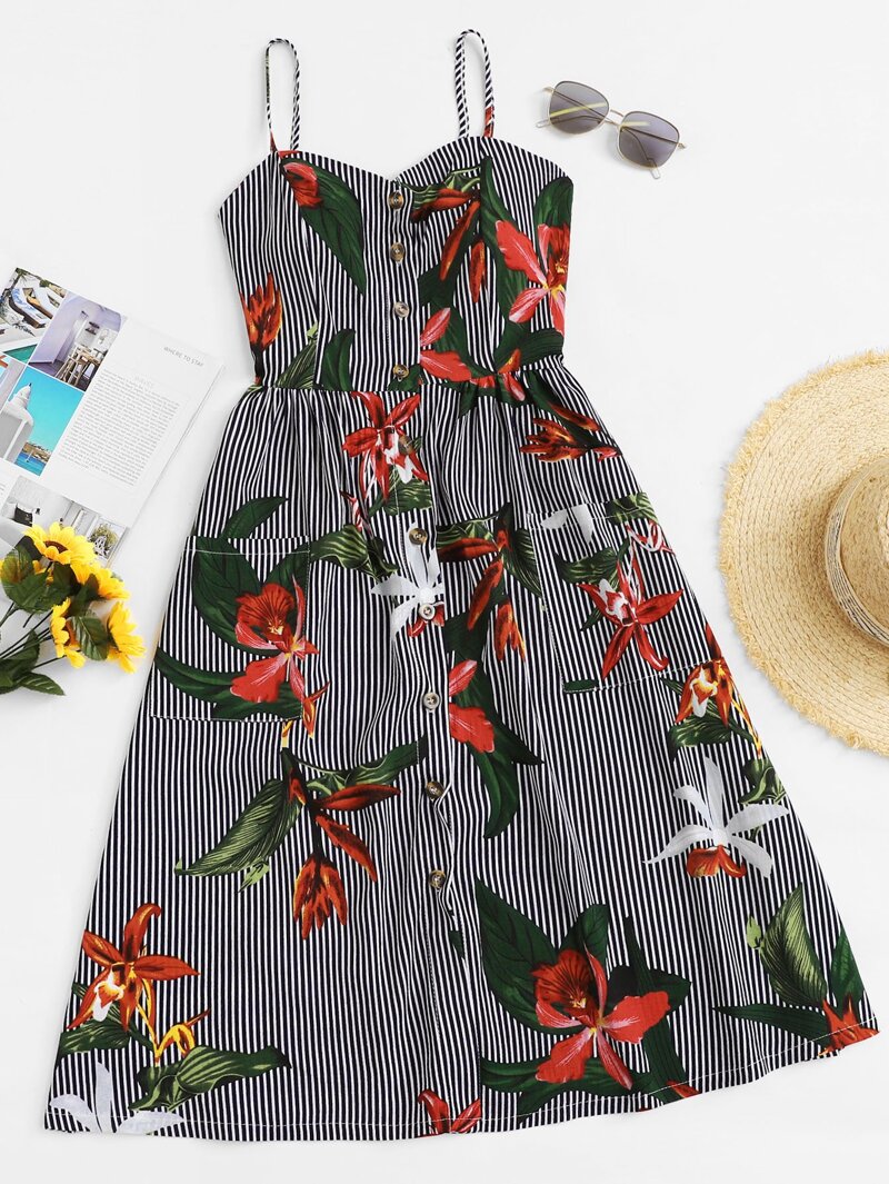 

Floral Print Single Breasted Striped Cami Dress, Multicolor