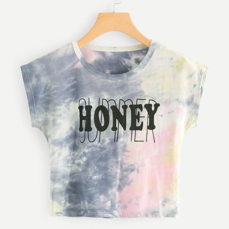 

Letter Print Tie Dye Tee, Multicolor