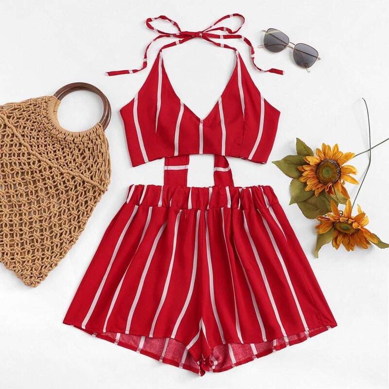 

Knot Back Striped Halter Top With Shorts, Red