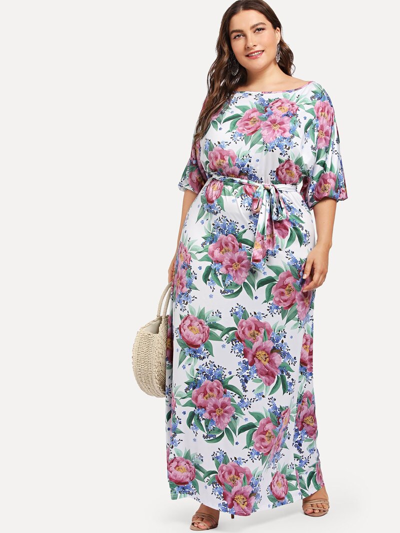 

Plus Floral Print Knot Side Dress, Multicolor