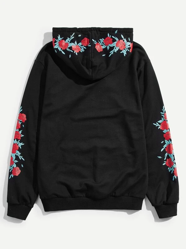 men rose print pocket front hoodie