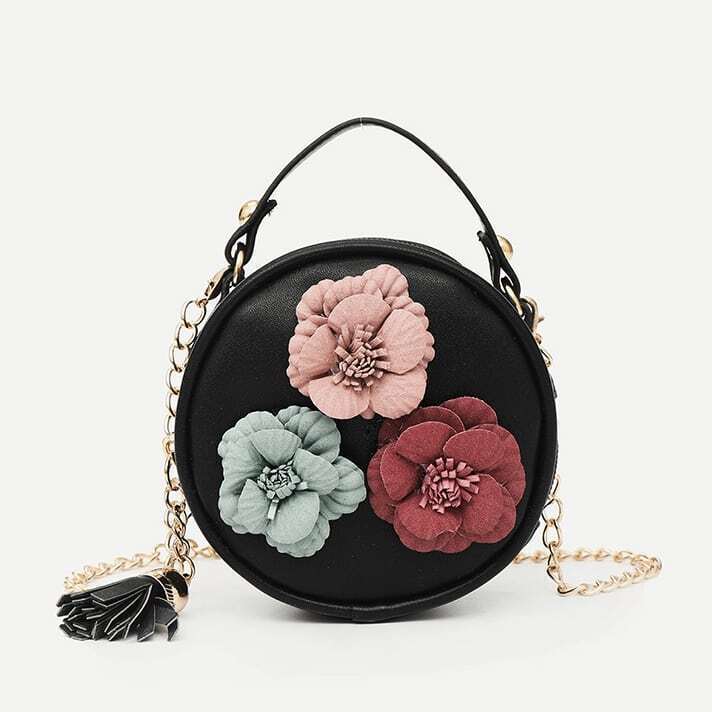 

Flower Decor Round Chain Bag, Black