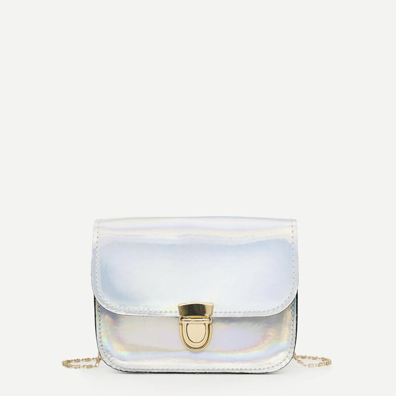 

Push Lock Metallic Flap Chain Bag, Silver