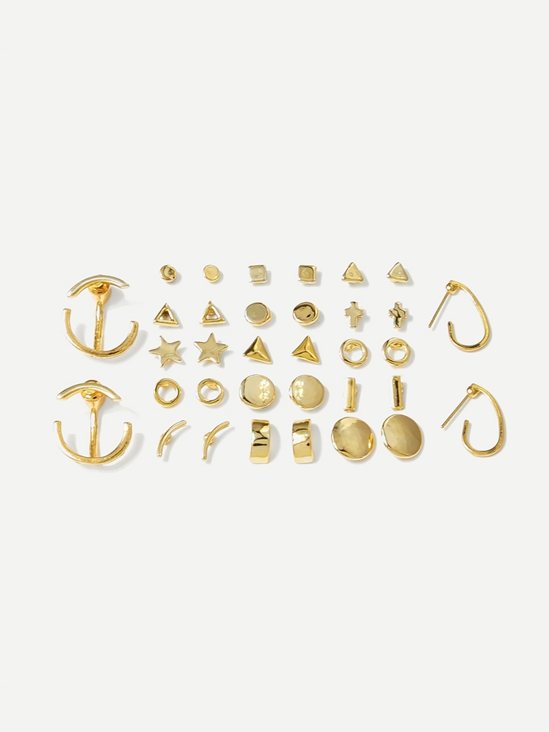 

Star & Round Stud Earrings 17pairs, Gold
