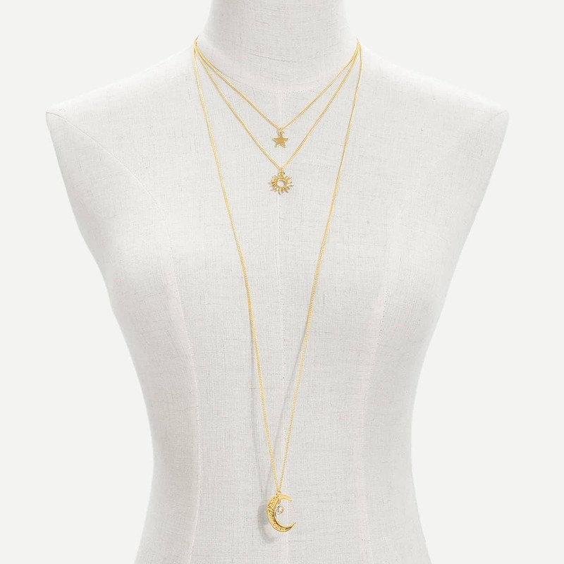 

Moon & Star Pendant Layered Chain Necklace, Gold
