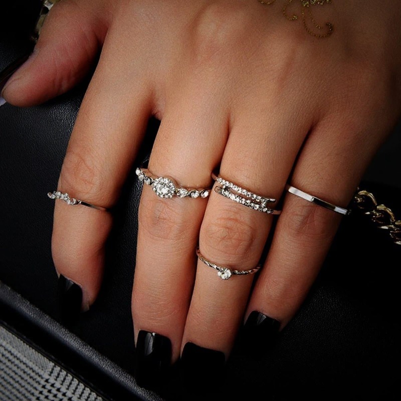 

Rhinestone Decor Ring Set 5pcs, Silver
