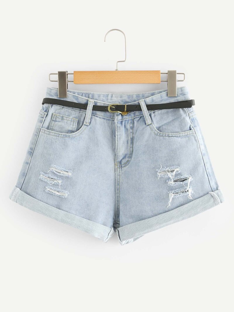 

Roll Up Hem Ripped Denim Shorts With Belt, Blue