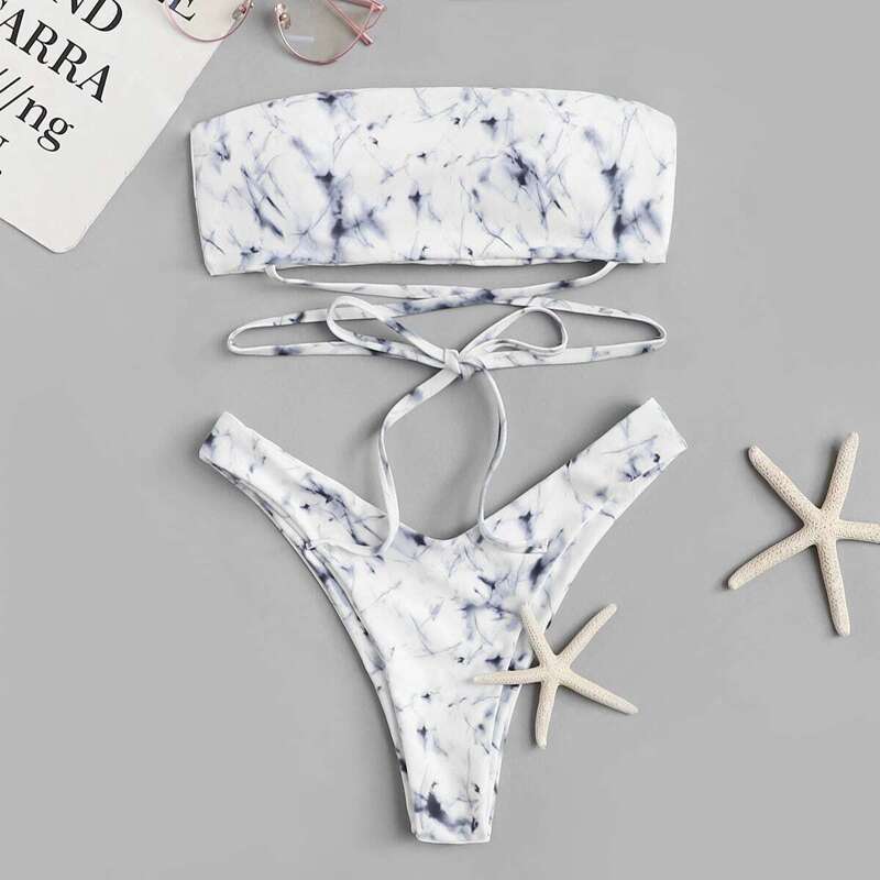 

Marble Print Top With High Leg Bikini Set, White