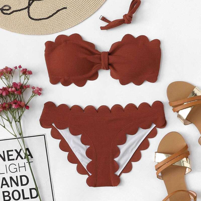 

Scalloped Trim Bikini Set, Red
