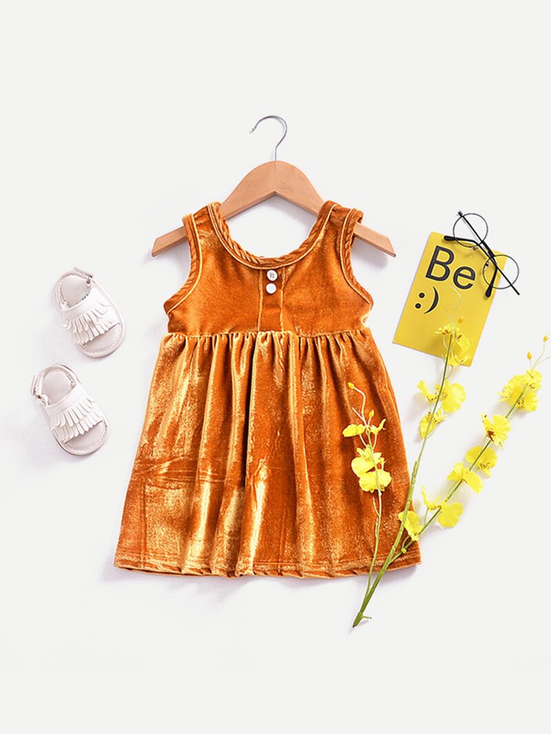

Girls Button Detail Pleated Dress, Gold