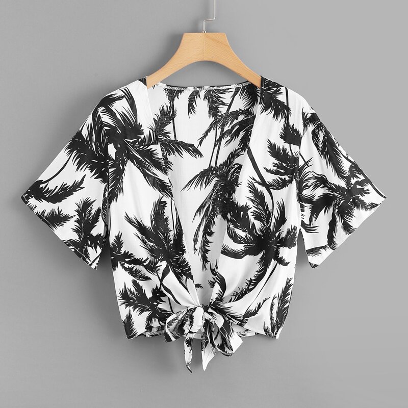 

Tree Print Knot Hem Kimono, Black and white