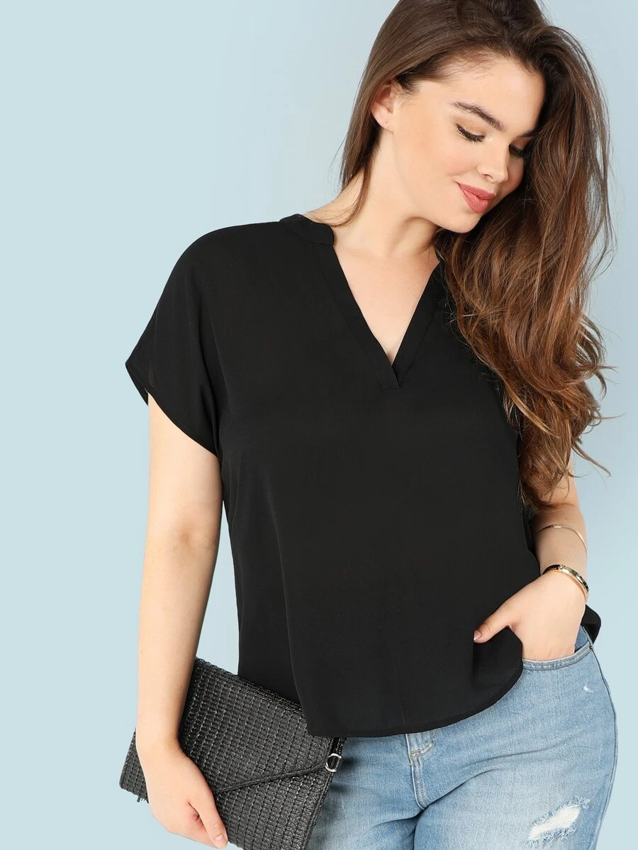 EMERY ROSE Blusa de manga corta y cuello de pico - Negro - Ver 1