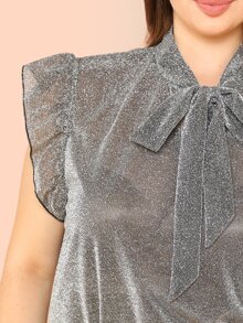 SHEIN Privé Plus Pussy Bow Ruffle Top - Silver - View 4