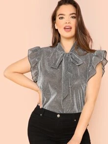 SHEIN Privé Plus Pussy Bow Ruffle Top - Silver - View 1