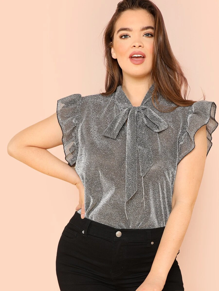 SHEIN Privé Plus Pussy Bow Ruffle Top - Silver - View 1