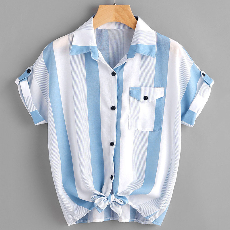 

Pocket Patch Knot Front Striped Shirt, Multicolor