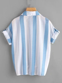 Pocket Patch Knot Front Striped Shirt - Multicolor - View 2