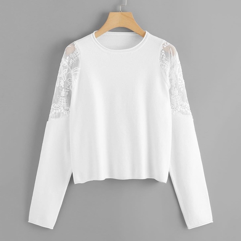 

Embroidered Mesh Shoulder Soft Knit Sweater, White