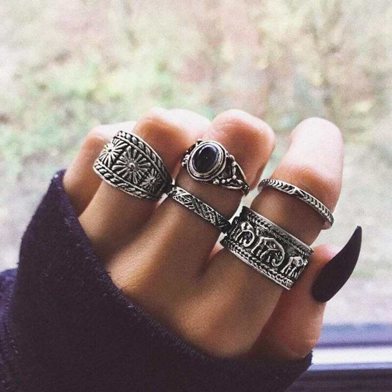 

Elephant Engraved Ring Set 5pcs, Silver