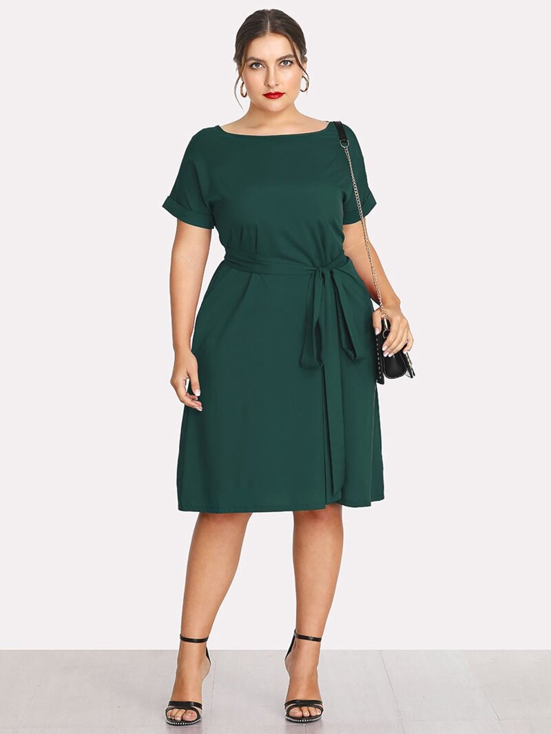 

Plus Boat Neck Self Tie Waist Dress, Green, Franziska