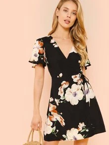 SHEIN Slit Flutter Sleeve Surplice Wrap Floral Dress