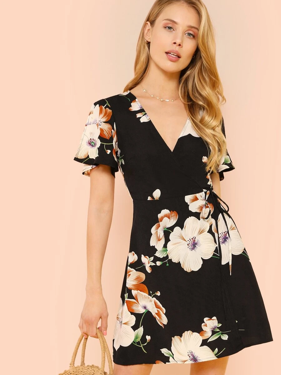 SHEIN Slit Flutter Sleeve Surplice Wrap Floral Dress