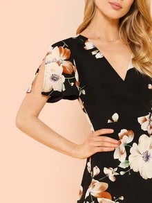 SHEIN Slit Flutter Sleeve Surplice Wrap Floral Dress