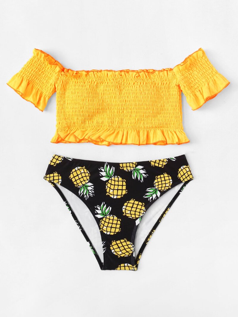 

Off The Shoulder Shirred Bikini Set, Multicolor