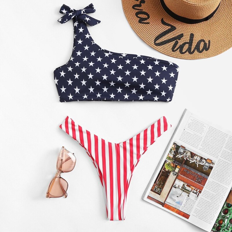 

Striped Star Print One Shoulder Bikini Set, Multicolor