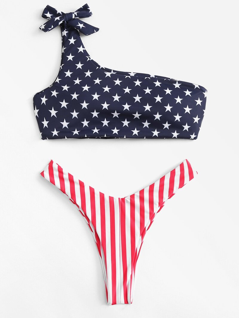 

Striped Star Print One Shoulder Bikini Set, Multicolor