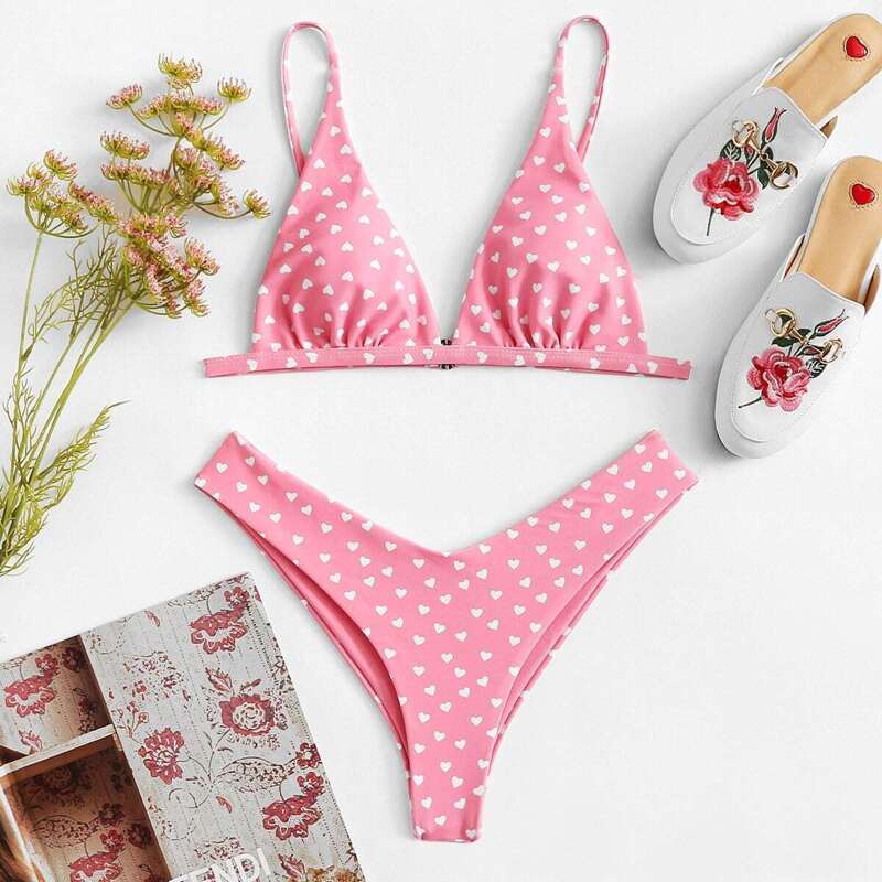

Heart Print Triangle Top With High Leg Bikini, Pink