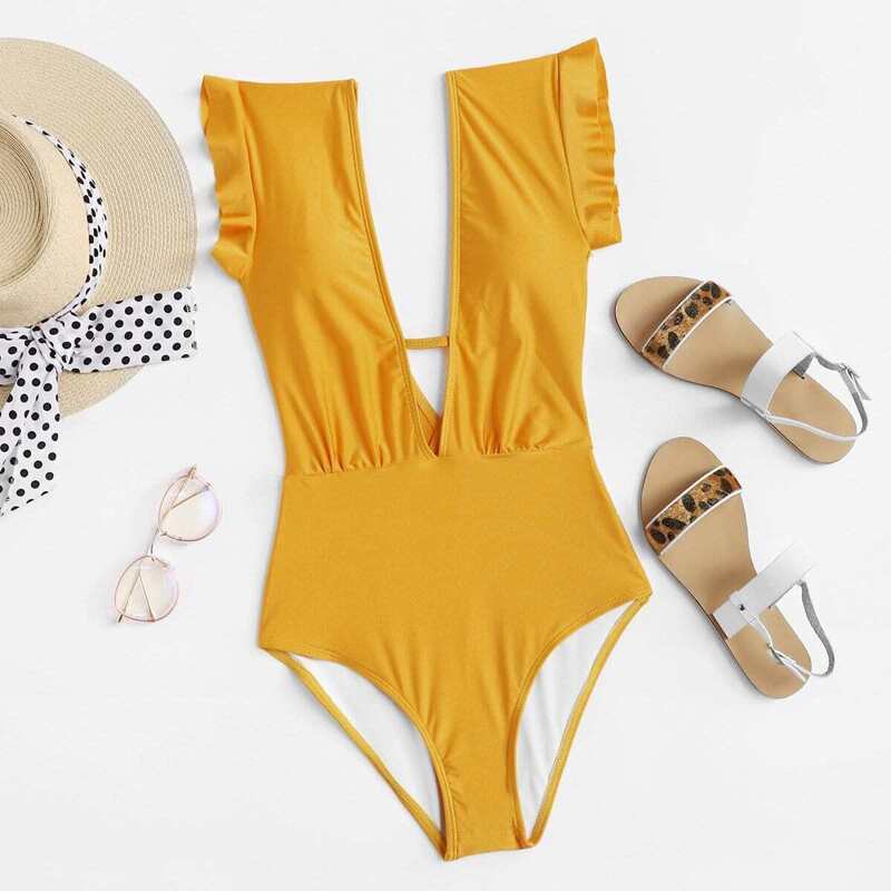

V-Plunge Ruffle Shoulder One Piece Swimsuit, Yellow