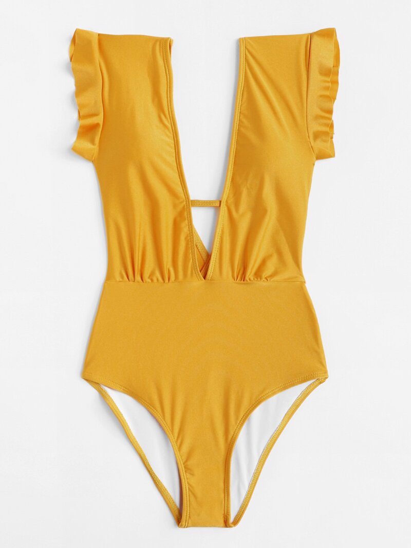 

V-Plunge Ruffle Swimsuit, Yellow