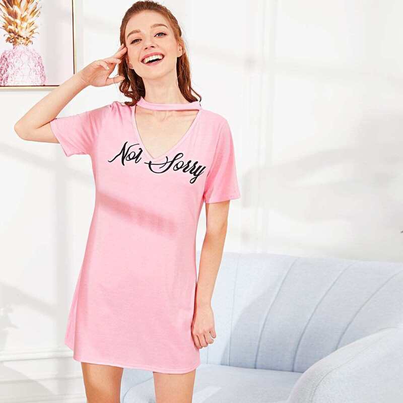 

Letter Print Choker Neck Night Dress, Pink