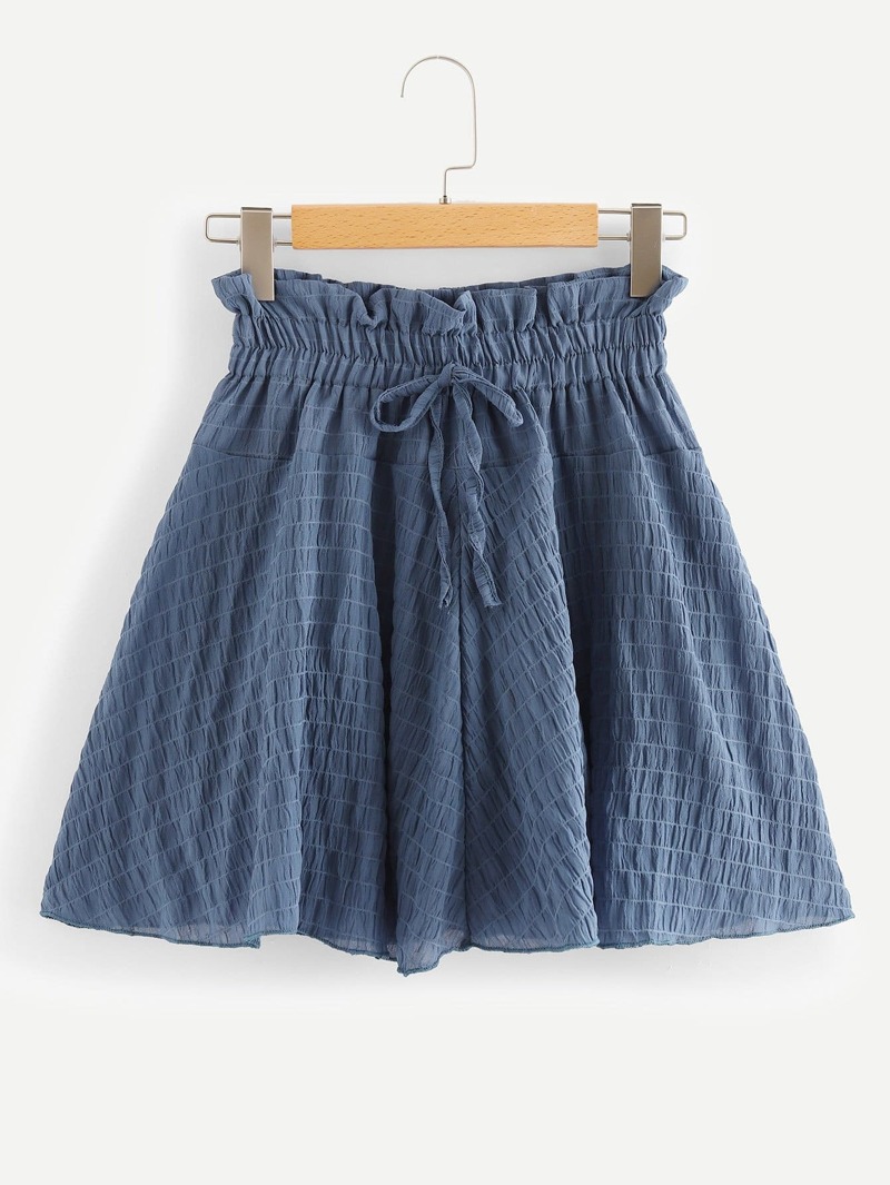 

Frill Trim Drawstring Waist Solid Skirt, Blue
