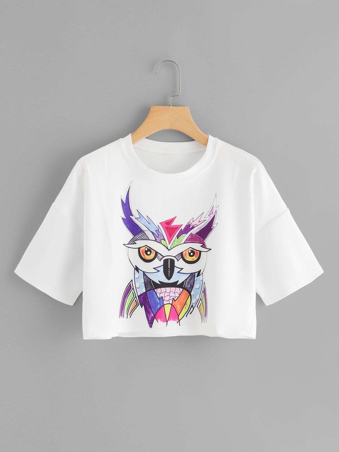 Camiseta corta con estampado de búho | ROMWE Camiseta De Manga Corta Con Estampado De Búho Buy Camiseta