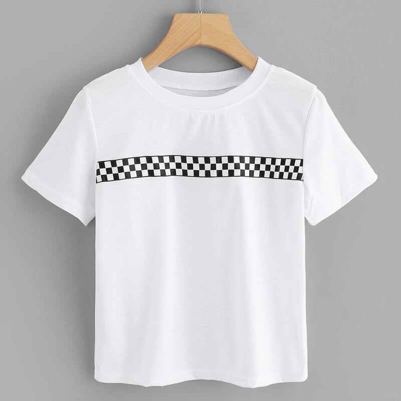

Checkered Plaid Panel Tee, White