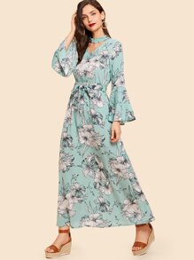 Cut Out Neck Florals Self Tie Dress