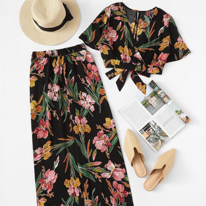 

Floral Print Knot Top With Wide Leg Pants, Multicolor