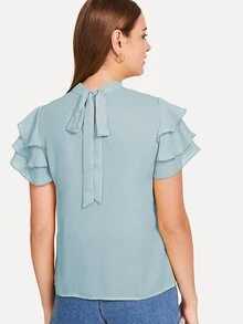 SHEIN Blusa de manga corta con volantes - Azul - Ver 2