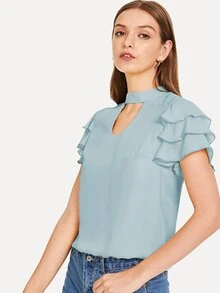 SHEIN Blusa de manga corta con volantes - Azul - Ver 4