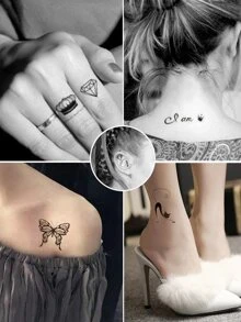 5张极简蝴蝶、钻石、细线、小猫图案临时纹身贴纸，防水逼真，可用于手指、耳朵、肩膀、脖子、锁骨、身体等部位。 - 黑色 - 查看 1