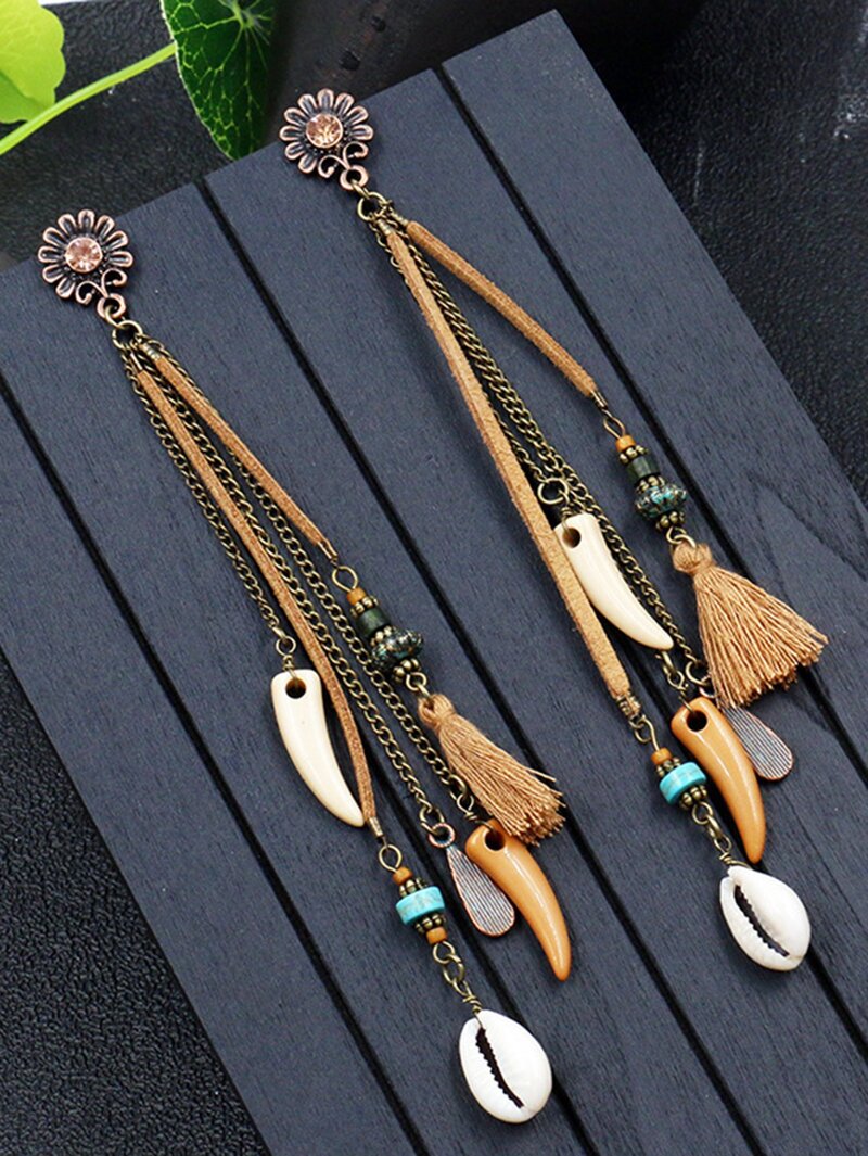 

Shell & Tassel Detail Drop Earrings, Brown