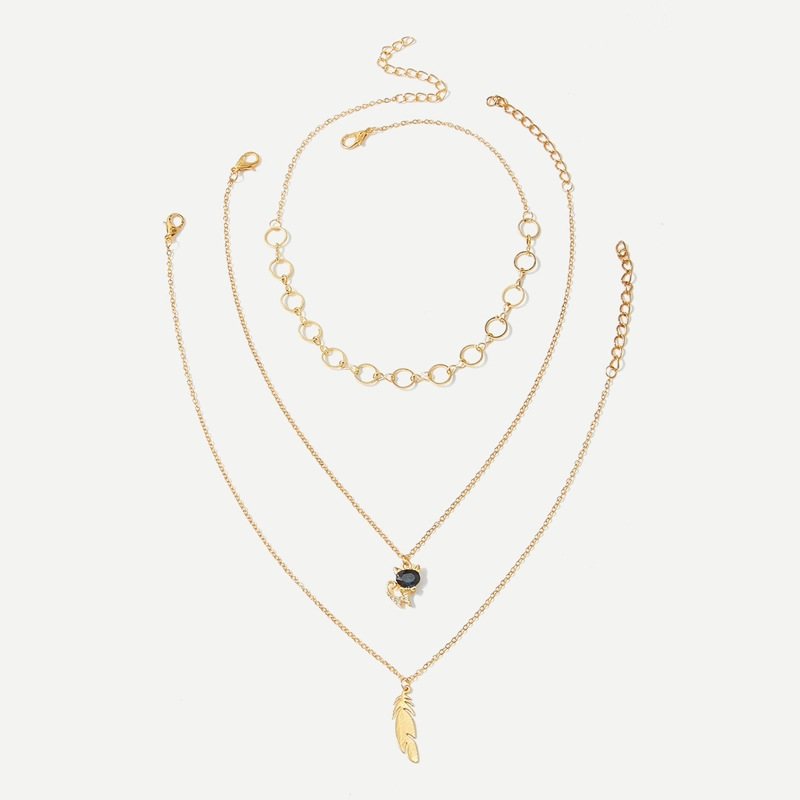 

Feather & Cat Pendant Chain Choker Set 3pcs, Gold