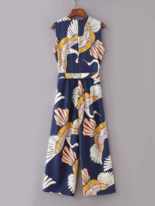 GENKIRA Cranes Print Belted Wide Leg Jumpsuit - Multicolor - View 2