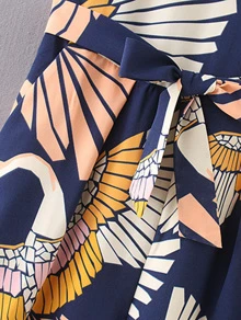 GENKIRA Cranes Print Belted Wide Leg Jumpsuit - Multicolor - View 4