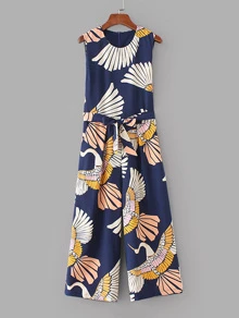 GENKIRA Cranes Print Belted Wide Leg Jumpsuit - Multicolor - View 1