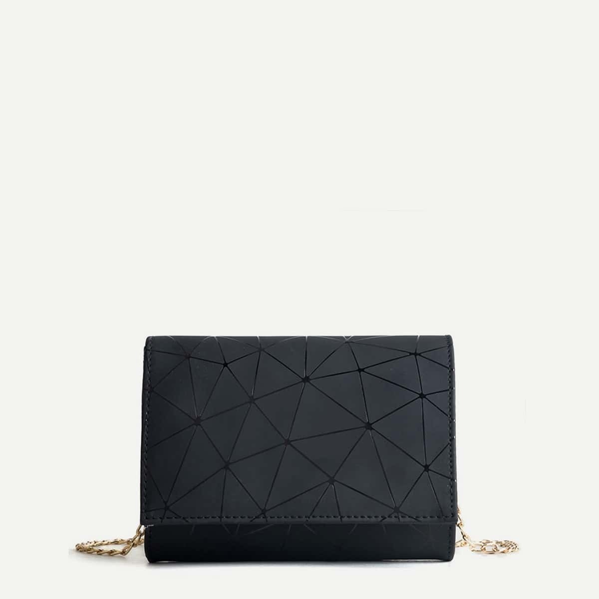 

Geometric Print Flap Chain Bag, Black
